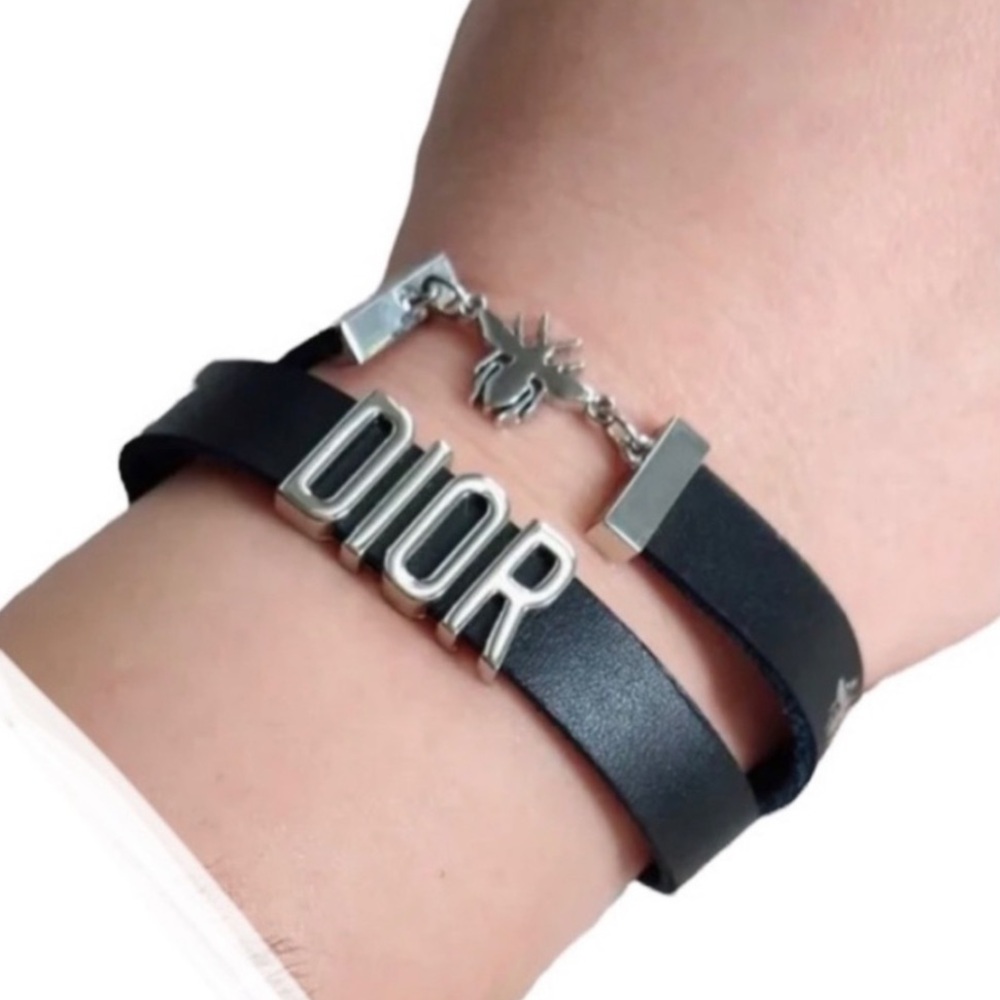DIOR BEE CALFSKIN LEATHER BRACELET Double Wrap Dark Navy & Silver